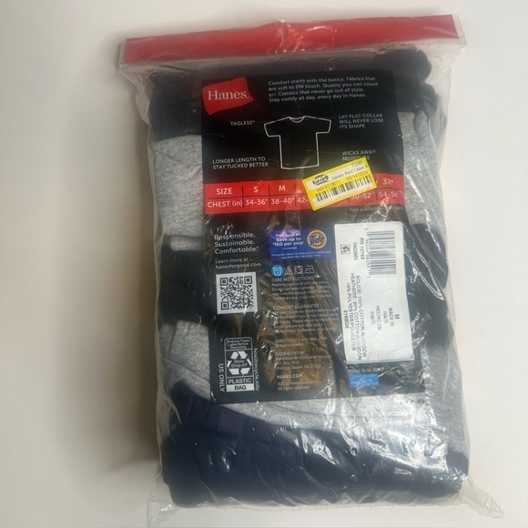 Hanes Tagless 5 Pack Men’s Moisture Wicking Crewneck Tees Black, Gray. Blue - Picture 3 of 4